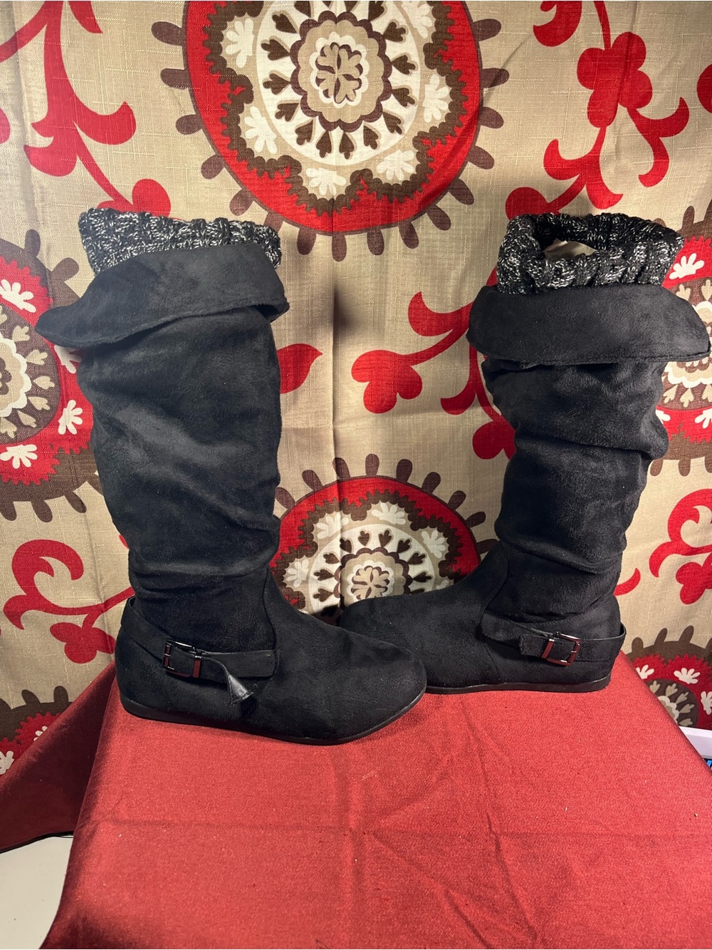 7/8M black faux-suede slouchy mid-calf boot with a built-in knit sweater/sock
